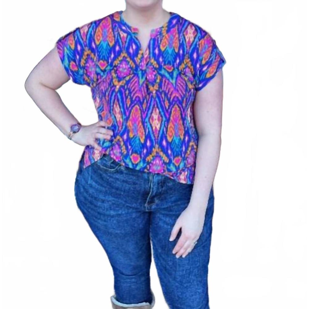 Vibrant Ikat Print Short Sleeve Blouse - Purple/Multi